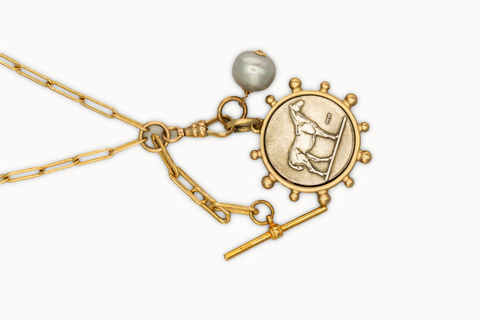 Long Equestrian Medallion with T Bar and Pearl Necklace